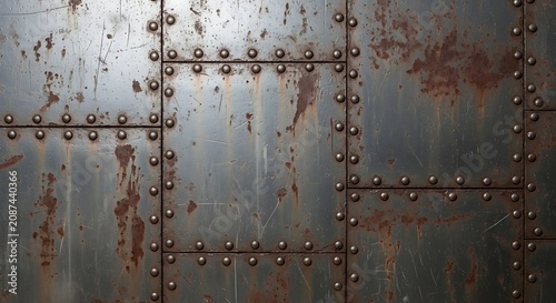 Rusted metal panel texture with rivets industrial background