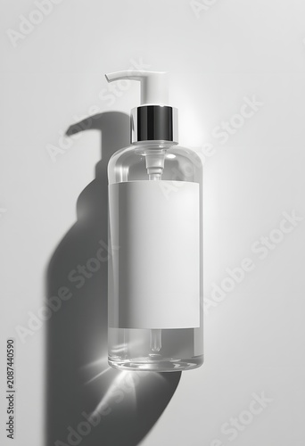 Hand holding empty clear plastic bottle with pump dispenser in minimalist studio lighting