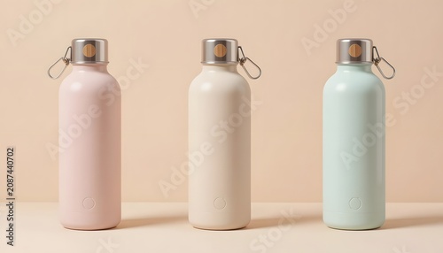 Three pastel colored metal water bottles on a beige background