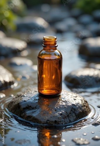 Reflection of amber glass bottle on flowing stream in natural sunlight outdoor setting