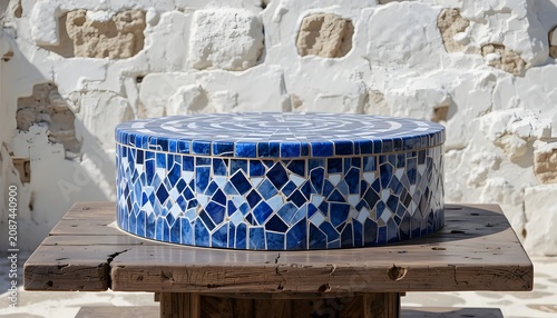Mosaic tile tabletop on wooden base outdoors