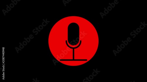 Animated microphone icon inside a pulsating red circle on a black background. Perfect for live broadcast, podcast, recording, and on-air concepts.