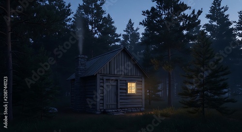 Rustic wooden cabin nestled in dark pine forest at twilight with glowing window light