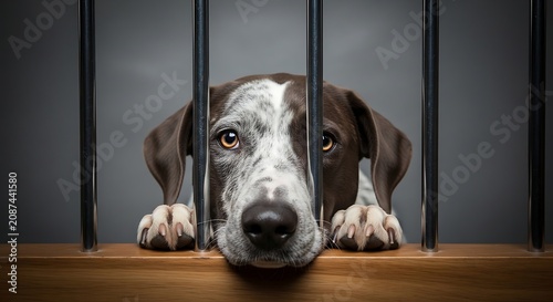 Sad dog behind bars looking through fence with hopeful eyes domestic animal portrait