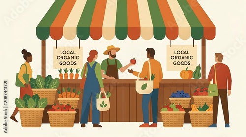 Lively farmers' market stall promoting local organic produce, showcasing a vibrant array of fresh fruits and vegetables for healthy community shopping