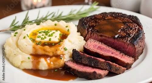 Savory grilled steak dinner with creamy mashed potatoes and herb garnish