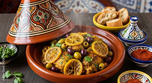 Savory stew dish with lemon slices and olives in moroccan pot