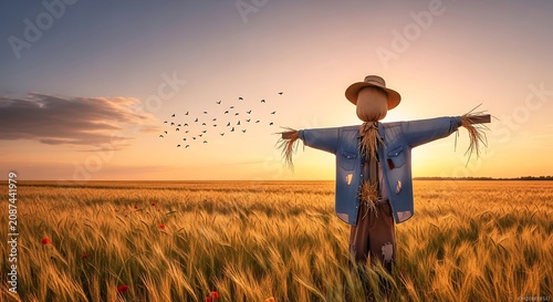 Scarecrow in golden wheat field at sunset with flying birds