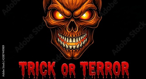 Scary skull face glowing eyes spooky halloween theme