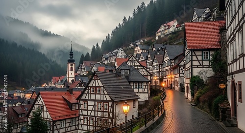 Scenic european village with traditional architecture under misty mountains
