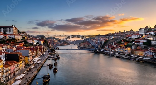 Scenic river view of historic european cityscape with bridges at sunset