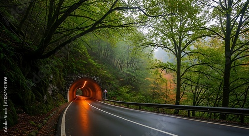 Scenic road leads to illuminated tunnel entrance surrounded by lush green forest