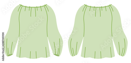 Foto Light green peasant blouse with gathered neckline, long sleeves and relaxed flowing silhouette with soft volume