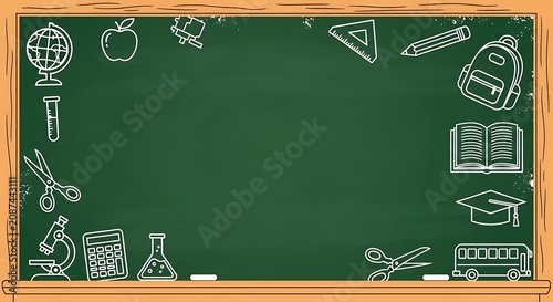 School supplies border around green chalkboard frame for education and learning