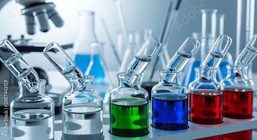 Scientific research laboratory with colorful liquids in glassware and microscope