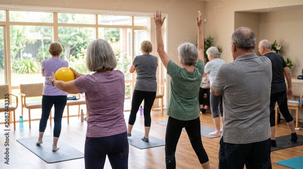 Fototapeta premium Seniors engaged in a gentle exercise class, practicing movements with a yellow ball and raised arms