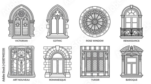 Cuadro en lienzo Collection of Architectural Window Styles: Victorian, Gothic, Rose, Renaissance,