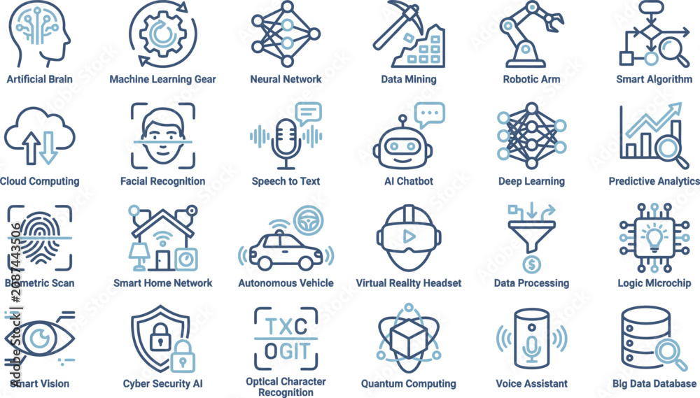 Fototapeta premium Artificial Intelligence Icons, Machine Learning Symbols, AI Technology Signs, 25 Vector Graphics