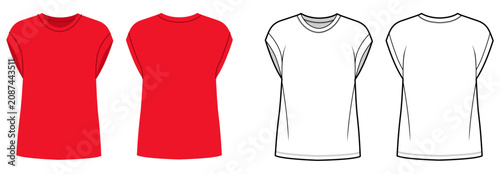 Cap sleeve t shirt with relaxed silhouette clean round neckline, smooth contour minimal shaping. Technical fashion illustration in black and white color, front back views, modern apparel CAD template