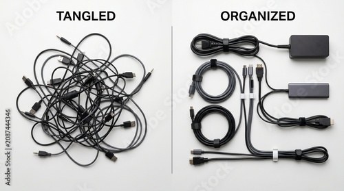 Concept Comparison of Tangled Messy Cables vs Organized Neat Cords