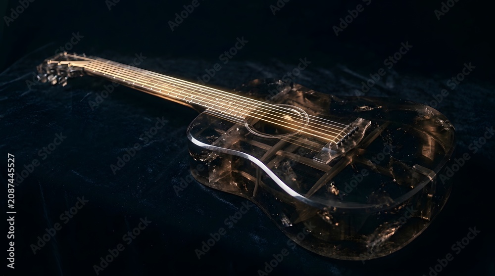Obraz premium A unique acoustic guitar crafted from transparent dark resin featuring golden strings and intricate internal textures under soft dramatic lighting