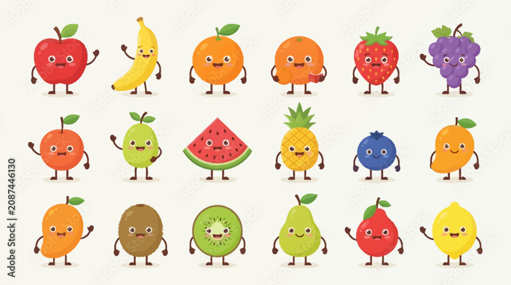 Fototapeta premium A vibrant collection of cute cartoon fruit characters with smiling faces and tiny limbs, including apples, bananas, oranges, strawberries, grapes, pineapples, and more.
