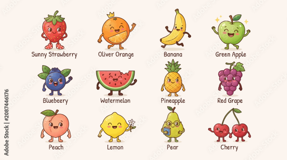 Obraz premium A collection of 12 cute cartoon fruits with smiling faces and names, including strawberry, orange, banana, apple, blueberry, watermelon, pineapple, grape, peach, lemon, pear, and cherry.