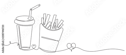 Vector continuous single-line drawing of a drink bottle with a straw and a pack of french fries.