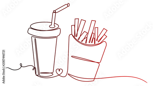 A single-line vector illustration (red and black) of a drink bottle with a straw and a pack of french fries, suitable for logos, brochures, or other uses.