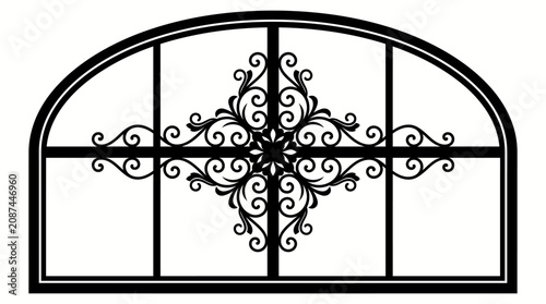 Canvas Print Beautiful arched window with elaborate wrought iron grille and intricate floral pattern, decorative architectural element, isolated white background