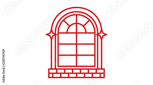 Simple arched window outline in red, classic architectural frame, isolated white background.