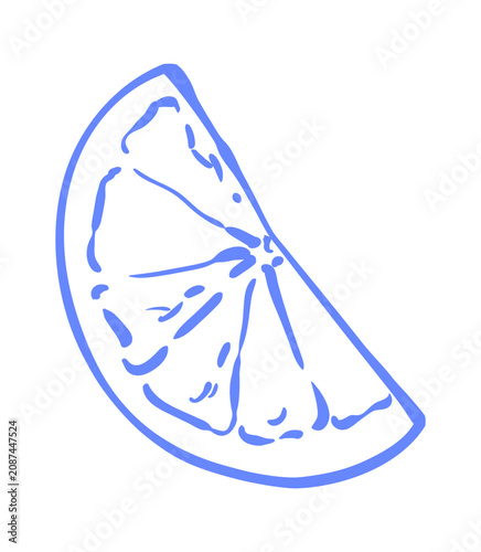 Lemon slice hand drawn illustration. Blue line doodle icon with whimsical summer mediterranean food mood for italian and french design. Minimal outline on white background.
