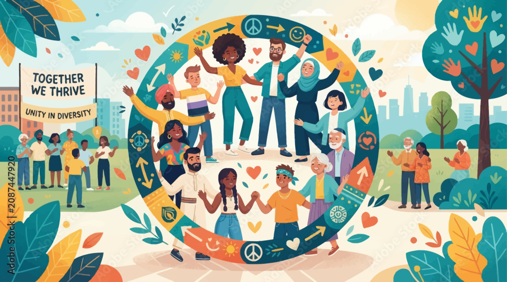 Fototapeta premium A vibrant illustration of diverse people celebrating unity and community in a peaceful world.