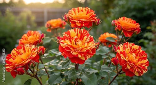 Vibrant bicolored roses in garden sunlight