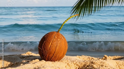 Single brown coconut lying on golden sand of tropical beach with palm tree branch and ocean waves