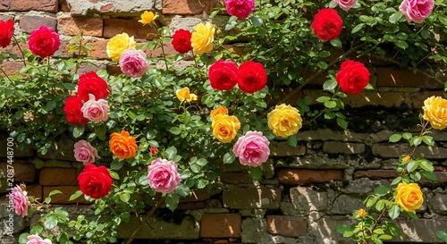 Vibrant climbing rose blossoms against textured brick wall outdoors