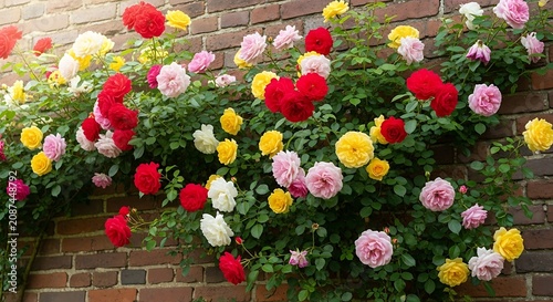 Vibrant climbing roses in bloom against a brick wall