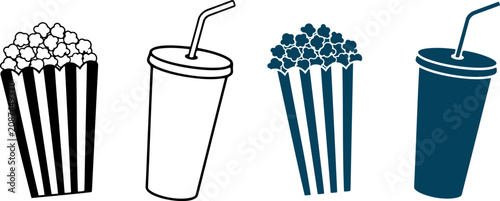 Vector illustration of popcorn buckets and drink cups in black, white, and blue colors