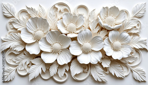 Bas-relief, white flowers on a white background. Floral decorative panel.