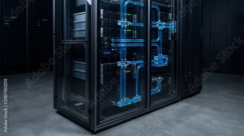 Advanced server rack featuring integrated liquid cooling pipes with glowing blue fluid for efficient thermal management in modern data centers