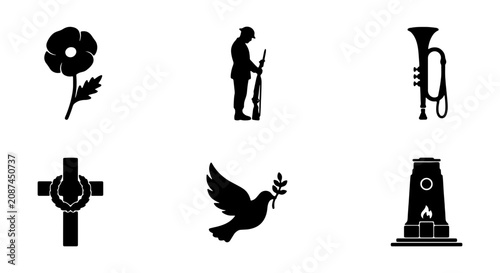 Tableau sur toile Remembrance Day silhouette icons set, Anzac Day memorial symbols, vector design