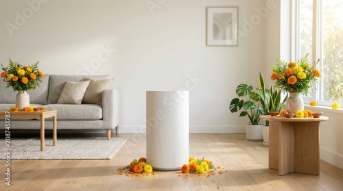 Air purifier in a bright living room decorated for Diwali with marigold flowers. Modern home appliance for clean and healthy air circulation. Concept of indoor comfort and seasonal luxury.