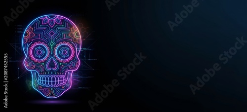 Neon sugar skull with technological circuit board patterns. Cyberpunk style Day of the Dead celebration concept. Future digital art illustration for vibrant mystical horror background.