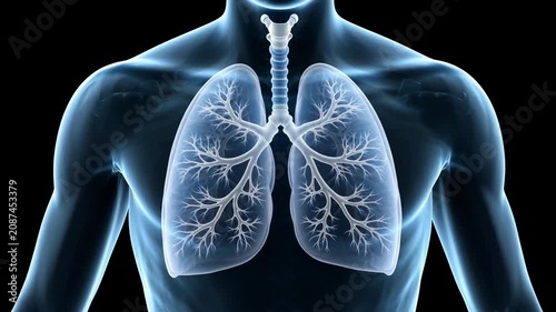 Medical X-ray illustration of human lungs and respiratory system inside a male torso