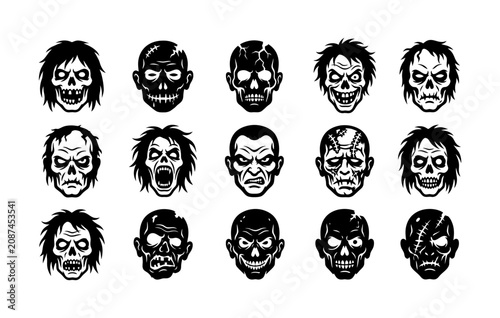 Photography Set of black and white zombie face illustrations for halloween design featuring various scary undead monsters with cracked skulls stitches messy hair evil expressions and menacing hollow eyes icons