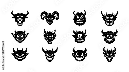 Foto Collection of mythical creature and horned demon heads featuring fierce expressions fangs sharp teeth and demonic horns for dark fantasy project imagery gaming logo branding or gothic style art