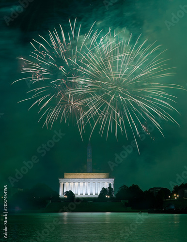 America 250 fireworks celebration over the Lincoln Memorial in Washington DC on July 4th across the Potomac River 