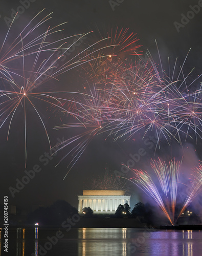 America 250 fireworks celebration over the Lincoln Memorial in Washington DC on July 4th across the Potomac River 