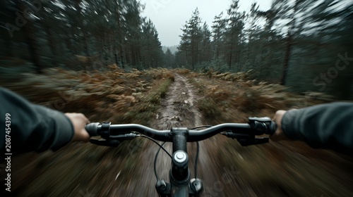 Cyclist rides a mountain bike on a forest trail.