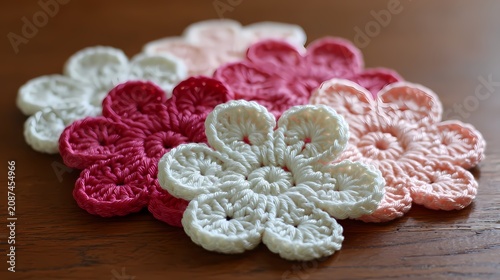 Crochet flowers decorate a dark wooden table.
